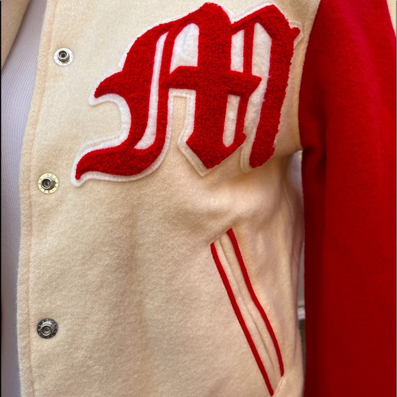 Vintage 1990’s Cream Wool Letterman Bomber Jacket w/ Red “M” by LOVE BOAT Sz S - Picture 6 of 12